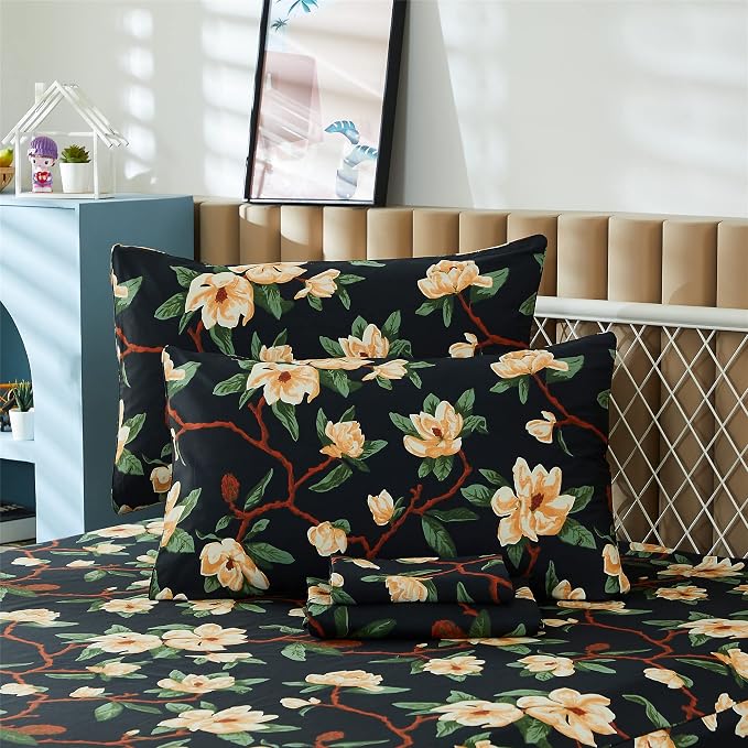 FADFAY Sheets Set Full Shabby Black and Yellow Floral Bedding Elegant Peony Sheets Set Vintage Farmhouse Bedding Soft 100% Egyptian Cotton 800 Thread Count Deep Pocket Fitted Sheet, 4Pcs-Full Size