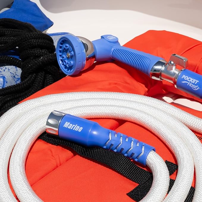 Pocket Hose 100 ft Expandable Garden Hose for Marine & RV Use – Drinking Water Safe & Lead-Free, 3/4” Lightweight No-Kink Hose with On/Off Valve, 10-Pattern Sprayer & Storage Bag