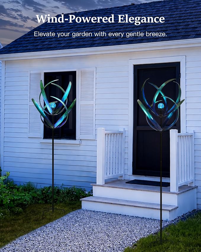 Lariander Outdoor Wind Spinners with Solar Light, 82'' Metal Large Spinner Yard Art, Peacock Blue Wind Sculptures for Garden Lawn Patio, Gifts for Family