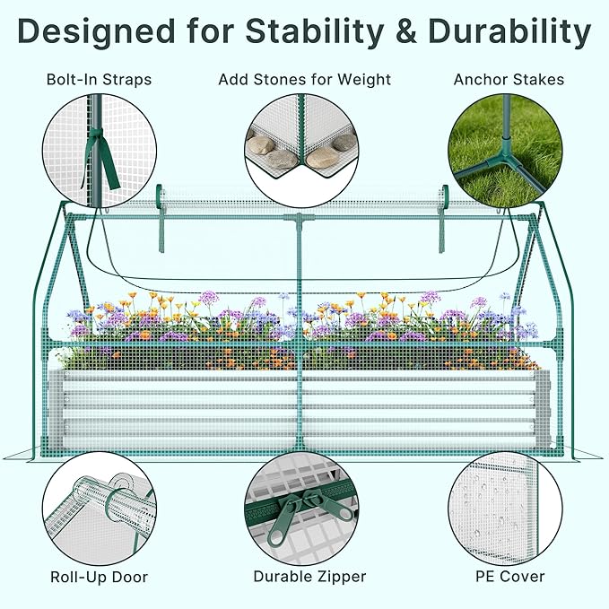 Miory Raised Garden Bed with PE Cover, 6x3x1 FT Galvanized Planter Box Outdoor with Greenhouse Cover, 2 Large Zippered Screen Windows for Vegetables, Flowers, Includes Labels & Gloves