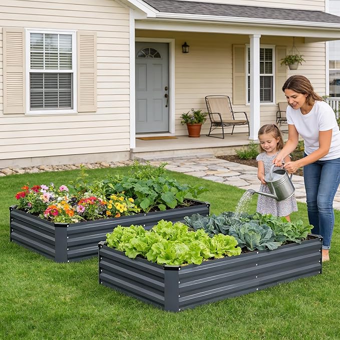 INNO STAGE Galvanized Raised Garden Bed Kits, 6x3x1ft Metal Raised Garden Beds Outdoor, Steel Raised Planter Bed with Gloves for Vegetables & Flowers Patio Ground Planter Box(Grey, 2PCS)