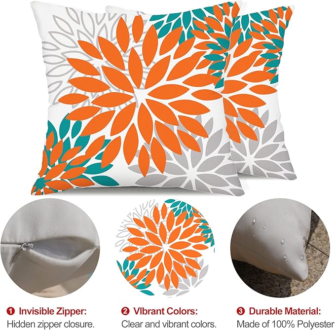 DFXSZ Orange Flower Pillow Covers 18x18 Inch Set of 2 Fall Throw Pillows Outdoor Waterproof Decor for Living Room Sofa Patio Funiture Garden Floral Polyester Pillow Covers 002N18