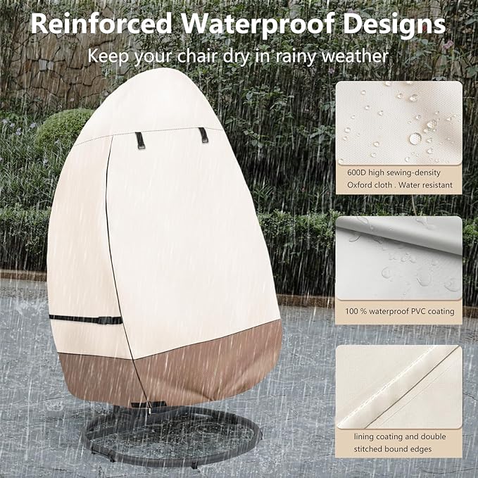 okcool Patio Hanging Egg Chair Cover, Waterproof Heavy Duty Outdoor Single Seat Swing Egg Chair with Stand Cover(Beige & Brown, Fits 45″W x 33″D x 68″H Egg Chair)