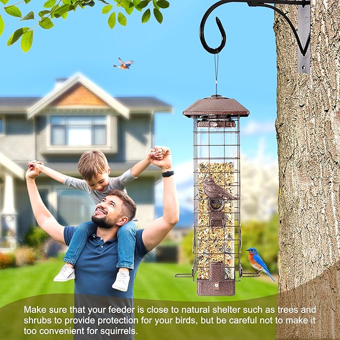Squirrel Proof Bird Feeder for Outdoors Hanging, 3LB Large Capacity Metal Wild Feeder with Gravity Protection, 4 Ports, Durable & Weatherproof for Cardinals, Chickadees, Backyard Bird Watching