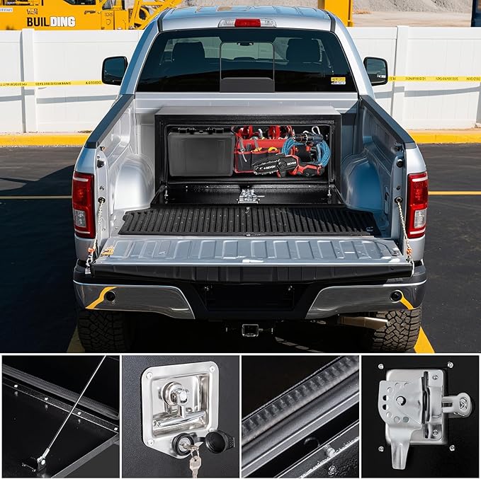 Black Steel Underbody Truck Tool Box with t-Handle Lock & Keys, Heavy Duty Storage Organizer Tool Chest for Pickup Truck Bed, RV & Trailer