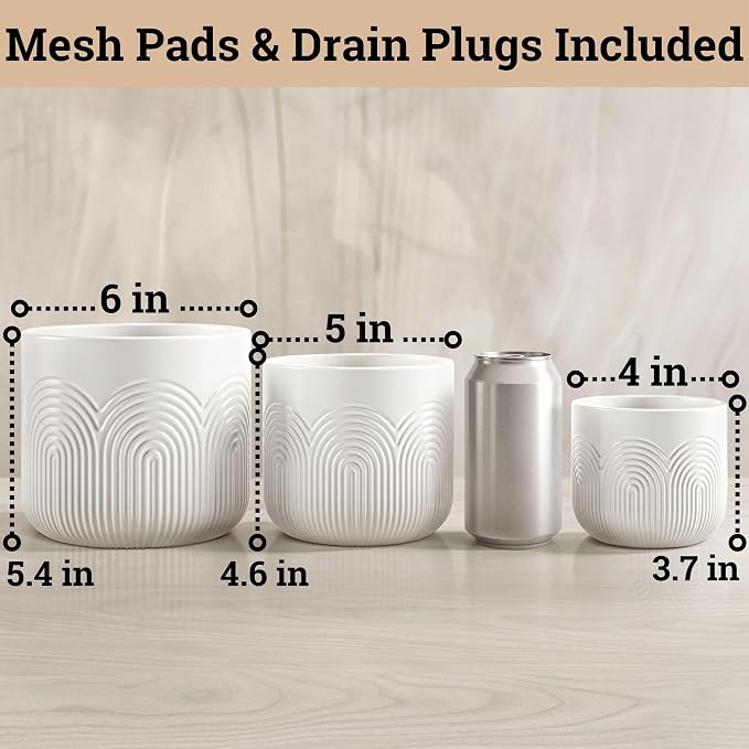 Ceramic Pots for Plants Set of 3 Sizes - 6, 5, 4 Inch Diameter Plant Pots with Drainage Holes - Ceramic Planters for Indoor Plants - Decorative Flower Pot - Plant Pot with Drainage - Indoor Planter