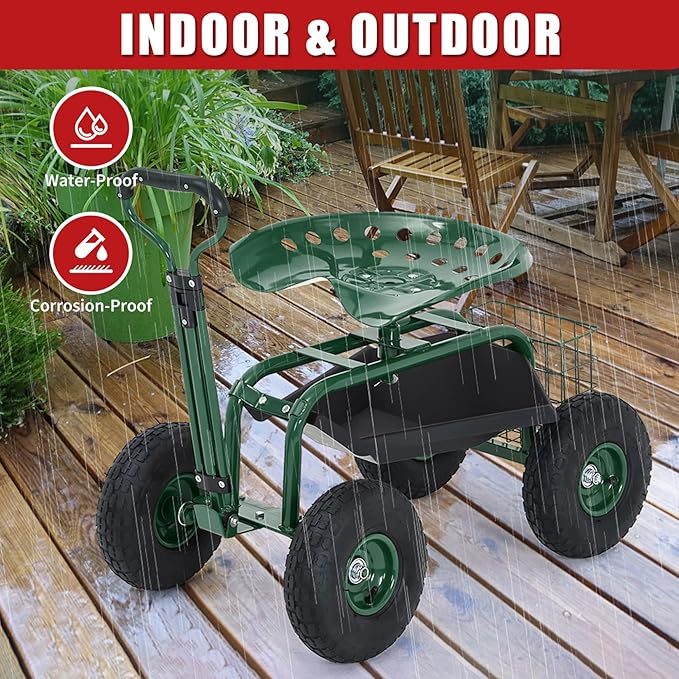 Garden Cart Rolling Workseat with Wheels, 360° Swivel Gardening Stool, Extendable Steering Handle & Utility Tool Tray, 10-Inch Inflatable Tires, Reinforced Steel Construction for Patio, Yard, Outdoor
