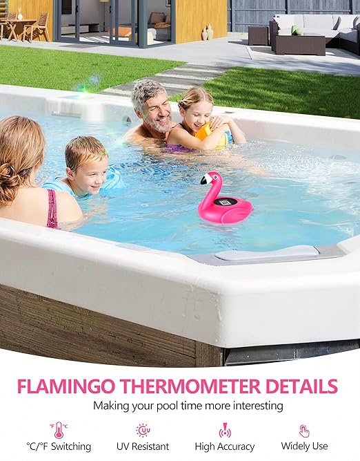 FirstE 2026 Solar Digital Pool Thermometer Come with Rope | Backlit LCD Display for Easy Read | Flamingo Pool Temperature Thermometer Floating Design | Ultra-accurate Temperature Gauge for Hot tub,Spa