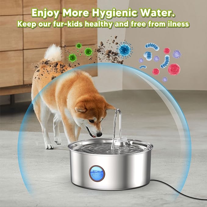 Dog Water Fountain for Large Dogs- 270oz/8L Stainless Steel Dog Water Bowl Dispenser Automatic Pet Water Fountain with Ultra-Quiet Pump/Quadruple Filtration for Dogs, Cats, Multiple Pets