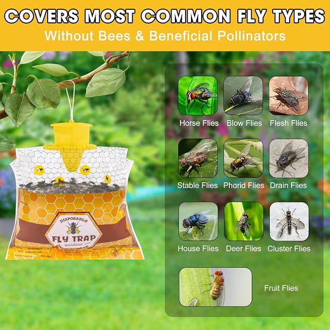 4-Pack Outdoor Fly Traps | Fly & Mosquito Killer for Farm, Garden, Ranch, Barn, and Stable | Dissolvable Bait Fly Hunter for Flying Insects, No Messy Cleanup, Weatherproof Outdoor-only Use, Ideal for Coops & Farms