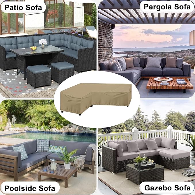 OutdoorLines Waterproof Outdoor Patio Sectional Cover - UV Resistant & Windproof L-Shaped Patio Furniture Covers for Deck, Lawn and Backyard, 420D Heavy Duty Couch Cover, Right Facing, 104"x83", Camel