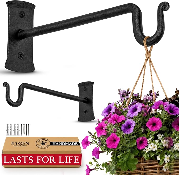 RTZEN Plant Hangers Outdoor or Indoor - Wrought Iron Metal Hanger Indoor Hook - Heavy Duty Wall Bracket Hooks for Hanging Plants Baskets Lanterns Bird Feeders - 2 Pack (Black Shepherds Hooks 7.5")