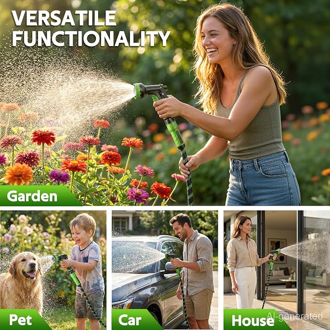 NON-EXPANDABLE Garden Hose 25 FT, Heavy Duty Steel Metal Flexible Water Hose with 10-Function Spray Nozzle, Durable Fabric Skin, No Kinks & Leak-Proof with Upgraded Handle