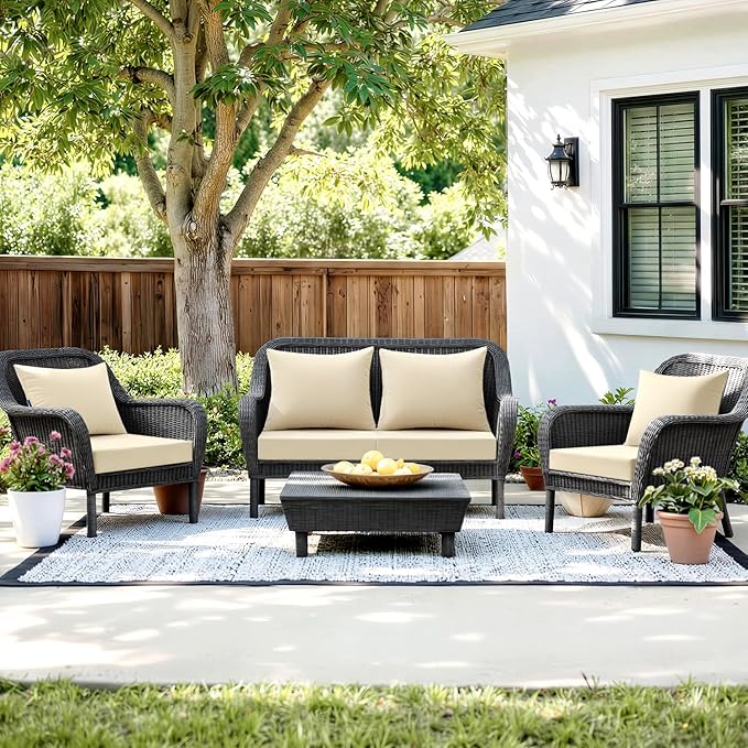 MIULEE Beige Outdoor Seat Cushion Set 24x24 Inch Linen Textured Waterproof & 3 Year Color Fastness Seat and Back Cushion with Ties No Slip Design for Patio Furniture Chair Sofa Couch