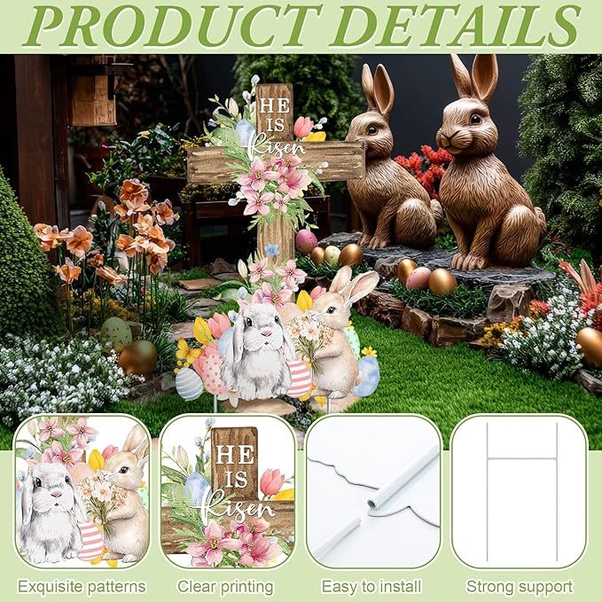 Weysat Easter Metal Yard Signs He Is Risen Cross Metal Decoration Outdoor 23.6 Inch Easter Rabbit Welcome Porch Sign Christian Yard Decorations with Stakes Waterproof for Home Garden Patio Lawn Party