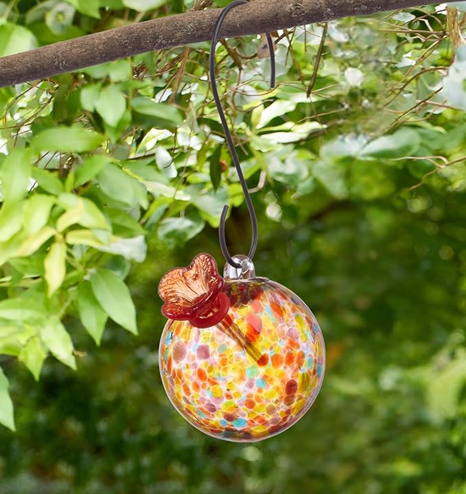 Red Carpet Studios Hummingbird Feeder Hand-Blown Art Glass, Hanging Birdfeeder with Red Flower Feeding Port, 5.5" Round Multicolor