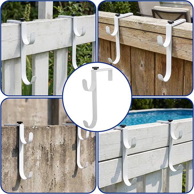 2 Pcs Double Pool Fence Hooks for Pool Equipment, Adjustable Pool Pole Hanger Holder, Rustproof Swimming Pools Skimmer Pole Hooks for Hanging Tool, Hose, Leaf Rakes, Nets Pool-Accessories (White)