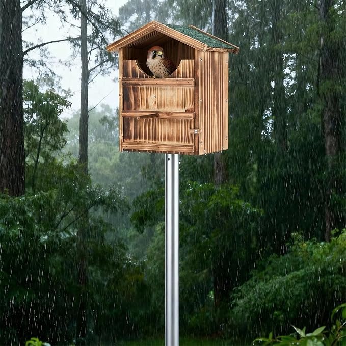 Yaocom Screech Owl House with 12ft Pole Wooden Kestrels Box with Waterproof Roof Ground Socket, Screws, Adapter Fasteners Predator-Resistant Nesting for Outside Prebuilt Purple Martin Bird Bat