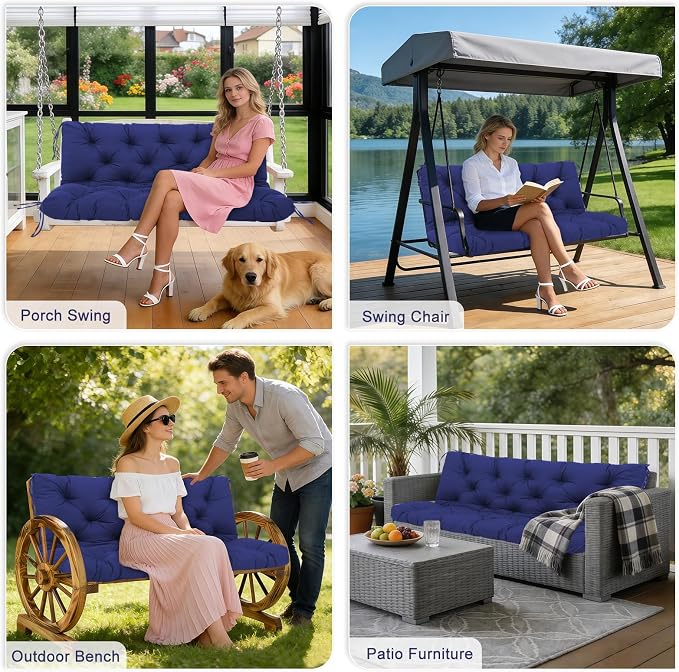 Porch Swing Cushions Outdoor 60 inch x 40 Waterproof Swing Cushions 3 Seater Replacement with Backrest & 8 Ties 5" Thick Bench Swing Cushions for Outdoor Furniture Patio(Navy Blue)