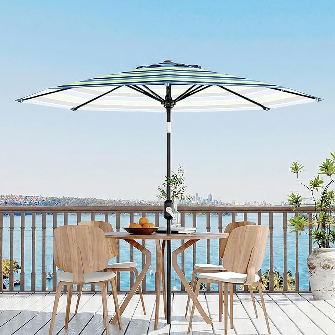 Garvee 10 ft Outdoor Patio Umbrella 8 Sturdy Ribs Outdoor Table Umbrella with Crank Lift & Push Button Tilt - UV Protection Waterproof Market Umbrellas for Pool, Deck, Yard, Garden, Tricolor Stripes