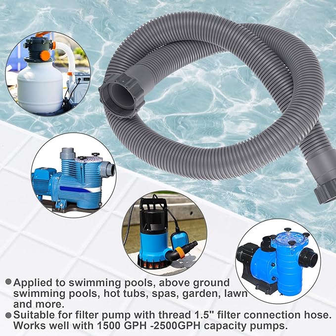 2 Pack Pool Hoses for Above Ground Pools 1.5" x 59" Pool Pump Hose Filter Pumps Replacement Hose Accessories Fits for Intex Filter Pump Above Ground Pool Sand Filter, Gray