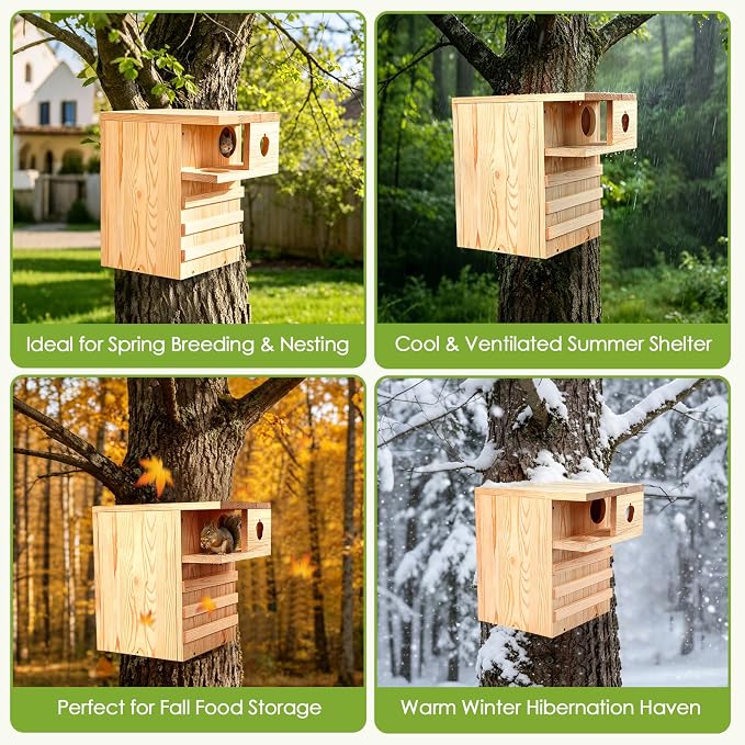 Large Squirrel House for Outside with Predator Guard, Squirrel Nesting Box with Exterior Porch, Easy Assemble Wooden Squirrel Boxes, Suitable for Gray Squirrels, Fox Squirrels, Red and Chipmunks