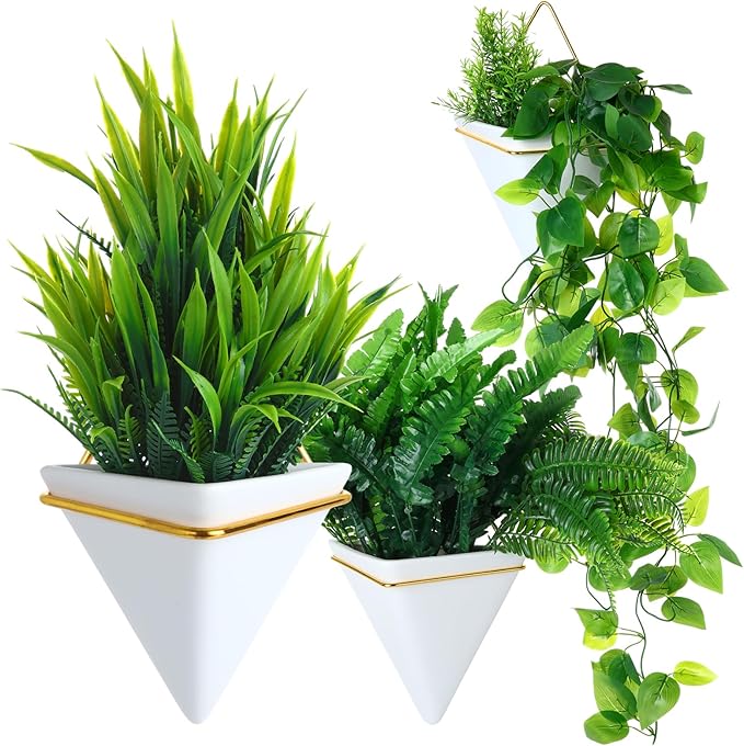 Rtteri 15 PCS Wall Hanging Planter Set with Artificial Greenery, 3 Ceramic Geometric Wall Planters in 3 Sizes, Modern Indoor Decor for Living Room Bathroom Office
