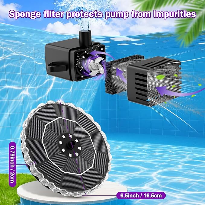 SZMP 3.5W Solar Fountain for Bird Bath with 2000mAh Battery & 3D Color Changing LED Light, Anti-Drift Fixer & 8 Nozzles, Solar Powered Water Fountain Kit for Garden, Patio, Pond