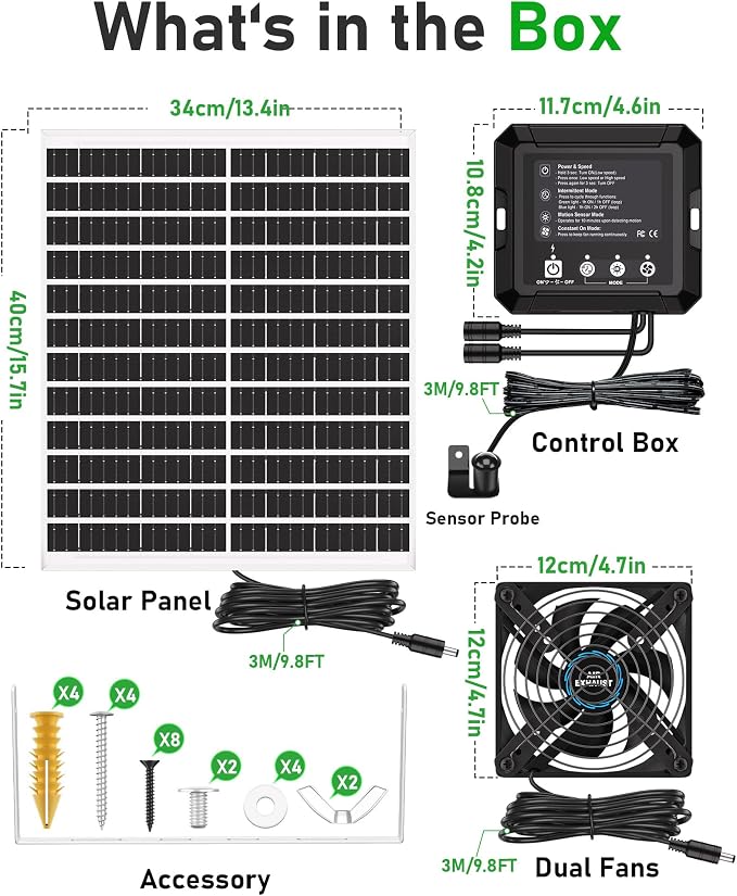 Solar Powered Fan for Chicken Coop, 25W Solar Panel, 2 * 4.7" Fans, 3 Smart Mode, Solar Exhaust Fan for Chicken Coop, Shed, Pet House