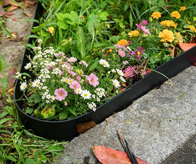 A ANLEOLIFE 60FT Plastic Landscape Edging, 2" Tall No-Dig Black Garden Border with 72 Spikes, Heavy-Duty Flexible Lawn Coil, Grass Barrier & Easy Install