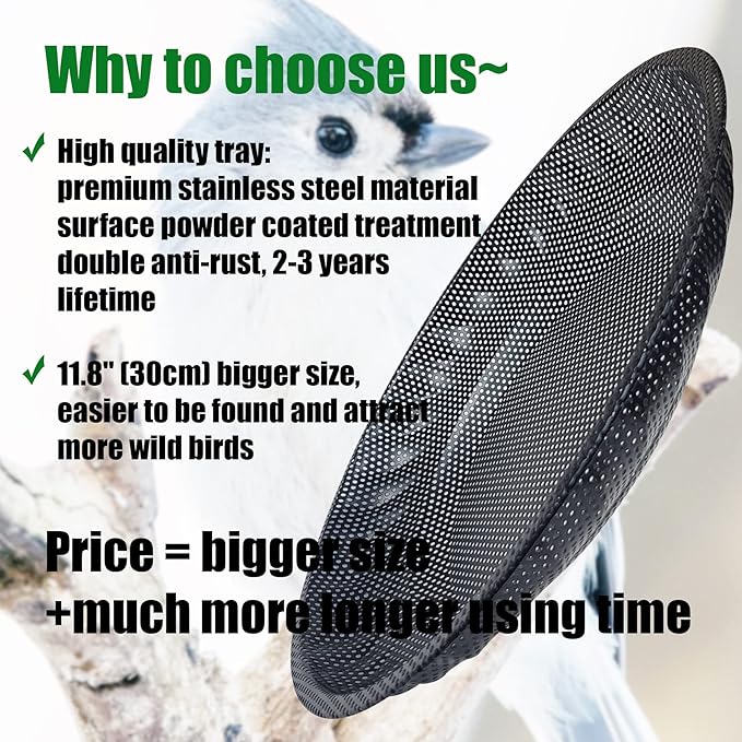 CQAIRIOU Upgraded Ground Platform Bird Feeder Tray,11.8” Stainless Steel Large Bird Feeder Mesh Seed Tray with A Exquisite Tray Station,Attract Wild Birds,Great Decoration for Garden Backyard