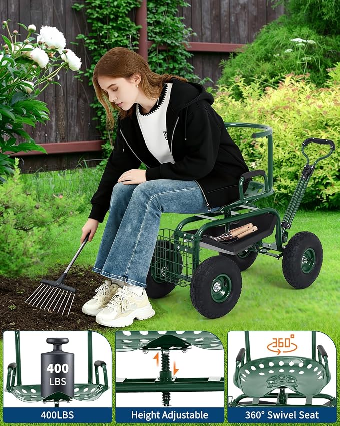 Garden Cart Rolling Workseat with Wheels, 360° Swivel Gardening Stool, Extendable Steering Handle & Utility Tool Tray, 10-Inch Inflatable Tires, Reinforced Steel Construction for Patio, Yard, Outdoor