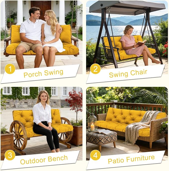 Porch Swing Cushions 48 inch Waterproof & Fade Resistant Thicken 5" Outdoor Swing Cushions 2 Seater Replacement with Backrest & Ties Patio Swing Cushions for Outdoor Furniture (Yellow)