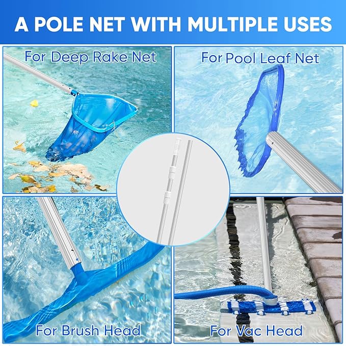 15FT Telescopic Pool Pole, Pool Skimmer Pole Heavy Duty, Adjustable 3 Piece Expandable Step-Up, Universal Pole for Skimmer Nets, Rakes, Brushes, Vacuum Heads Cleaning.
