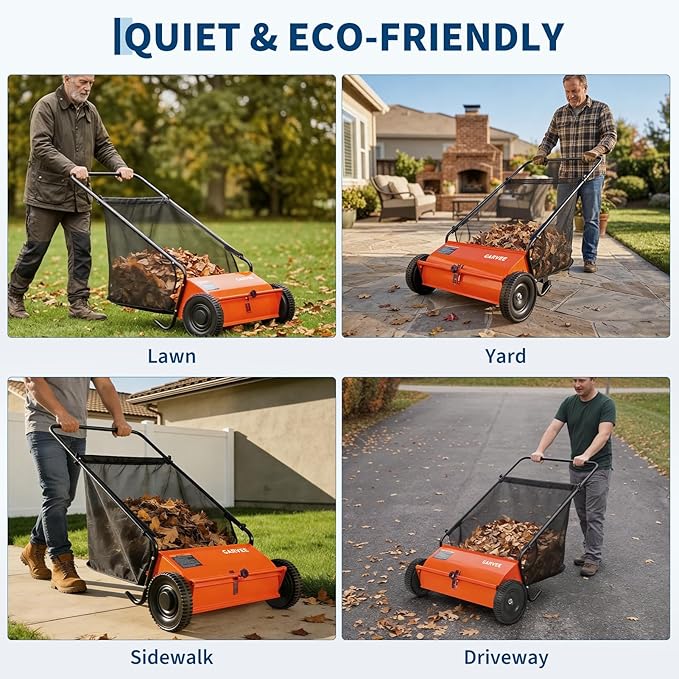 26 Inch Push Lawn Sweeper, 7 Cu. ft Grass Cutter, 4 High-Speed Spinning Brushes, Durable Steel Construction, Walk-Behind Leaf & Grass Collector for Yard Cleanup