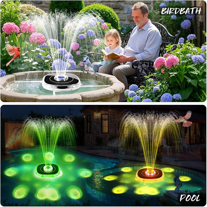 Solar Fountains with Lights, 2026 Upgrade Solar Bird Bath Fountain Pump, Floating Solar Water Fountain Outdoor, 4000mAh Battery Solar Birdbath Fountains for Pool,Pond,Garden-Blue