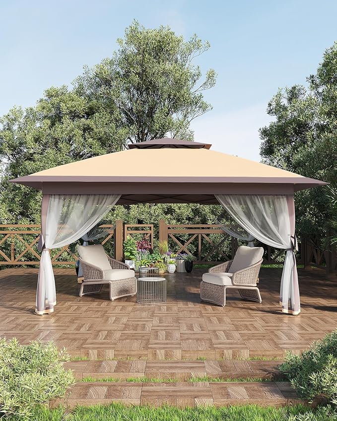 GarveeLife Canopy Tent 12x12 ft, Pop Up Gazebo One-Push Setup with 4 SandBags for Backyard Parties and BBQs, Mosquito Netting & Height Adjustable - Khaki & Coffee