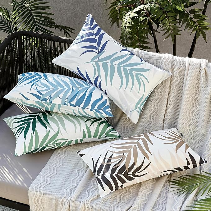 MIULEE Pack of 2 Decorative Outdoor Waterproof Throw Pillow Covers Patio Pillow Cases Natural Leaves Pattern Spring Square Cushion Shams Shell for Garden Balcony Couch 12x20 Inch, Light Blue