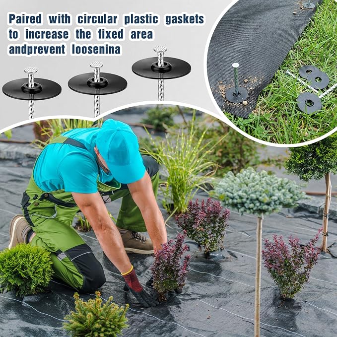 Nuenen 200 Sets Garden Stakes with Gasket Caps 6 in Galvanized Steel Turf Nails Spiral Landscape Stakes Heavy Duty Metal Turf Spikes for Artificial Grass Landscape Edging Weed Barrier