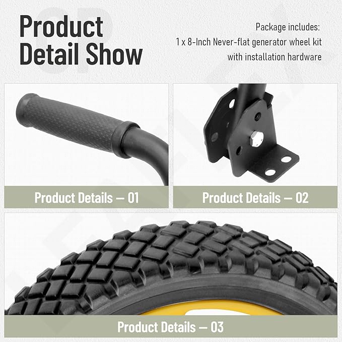 8-Inch Never-Flat Generator Wheel Kit for Predator 4000 6500 8750 Watt Generators, Equipped With An Adjustable Handle