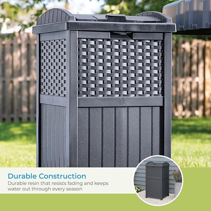 Suncast 42" W x 23" D x 35.5" H Outdoor Storage Cabinet and 33 Gallon Resin Trash Can Bundle, Cool Gray