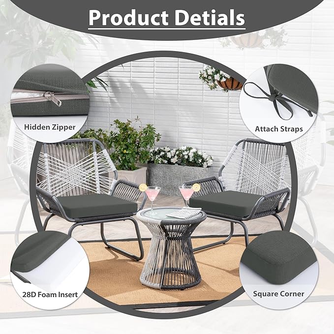 Favoyard Outdoor Chair Cushion Set of 4 Rainproof & Color Fade Resistant 19 x 19 x 2 in Square Corner Patio Furniture Cushions with Waterproof Hidden Zipper Attach Ties for Dining Table Chairs Seats