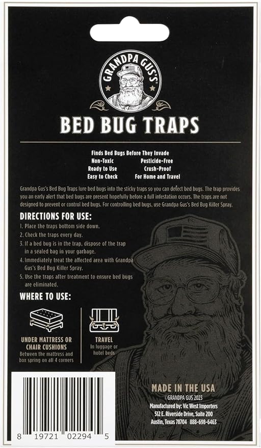 Grandpa Gus's Bed Bug Trap - Glue Traps for Mattress, Home and Travel - Early Detection, Patented Crush-Proof Design, Non-Toxic, Lasts Up to 6 Months, Pack of 12