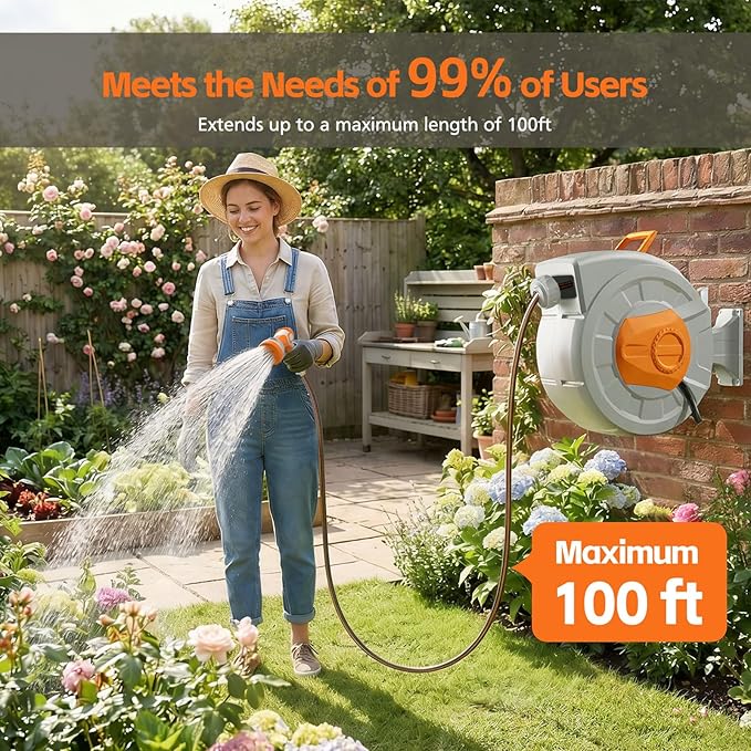 Garden Hose Reel 100ft, 1/2 Inch water hose, Wall Mounted and 180 Deg Swivel Bracket, Slow Retraction Any Length Lock 10 Spray Nozzle