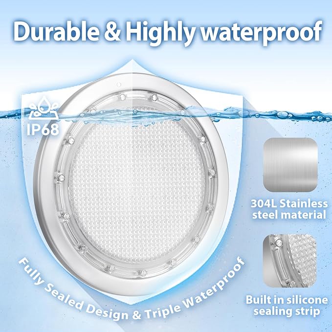 Led Pool Lights for Inground Pool, 12v Pool Light with 50FT Cord, 60W 10 Inch Led Pool Light with Controller, Remote and APP Control, Suitable for Most 10 Inch Wet Niche, IP68