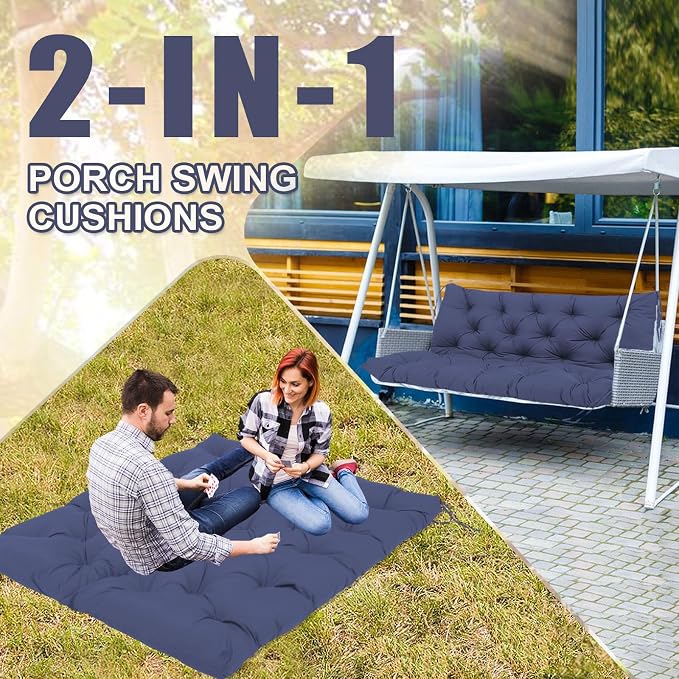 Premium 5"Thick Waterproof Outdoor Swing Cushions Sturdy Durable 2-3 Seat Replacement Porch Swing Cushions with Backrest&Ties Bench Cushion for Outdoor Furniture Backyard Patio(Navy Blue48x40)