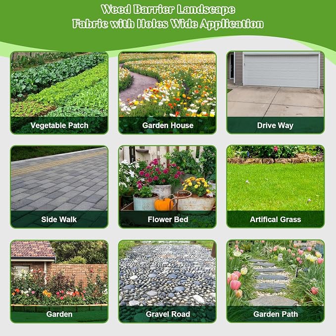 2PCS Green Weed Barrier Landscape Fabric, 33 x 3.3 Ft Garden Weed Barrier Fabric Heavy Duty with Planting Holes,Ground Cover Weed Barrier Weed Cloth & 20 U-Shaped Ground Nail For Weed Control