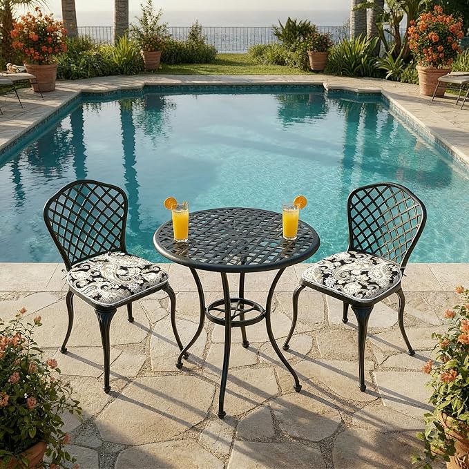 DYTXIII Set of 4 Outdoor Chair Cushions with Ties,Water Repellent Patio Chair Pads 17"x 16" for Outdoor Furniture,Round Corner Seat Cushions for Garden Yard Kitchen Paisley Black