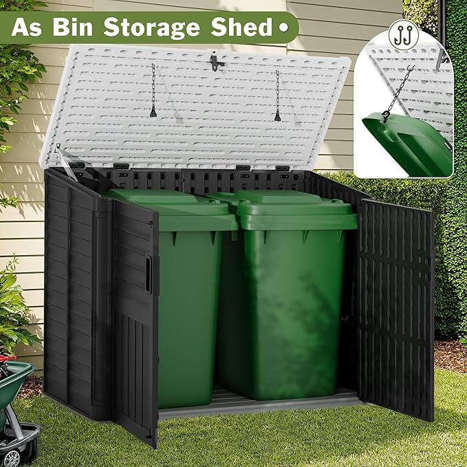 JUMMICO Resin Outdoor Storage Shed, 34 Cu Ft Horizontal Storage Cabinet with Shelves for Trash Cans, Garden Tools, Pool Supplies (Black)