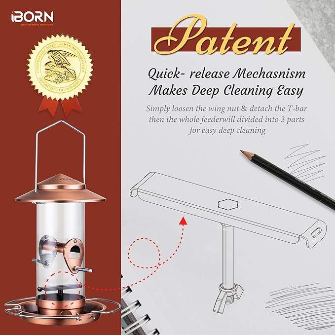 iBorn Bird Feeder Squirrel-Chew Proof Metal Hanging Birds Feeder Bird Feeders for Outdoors Hanging Outside for Cardinal, 3 Perches with 2 Feeding Ports, Brushed Copper (Seed is not Included)